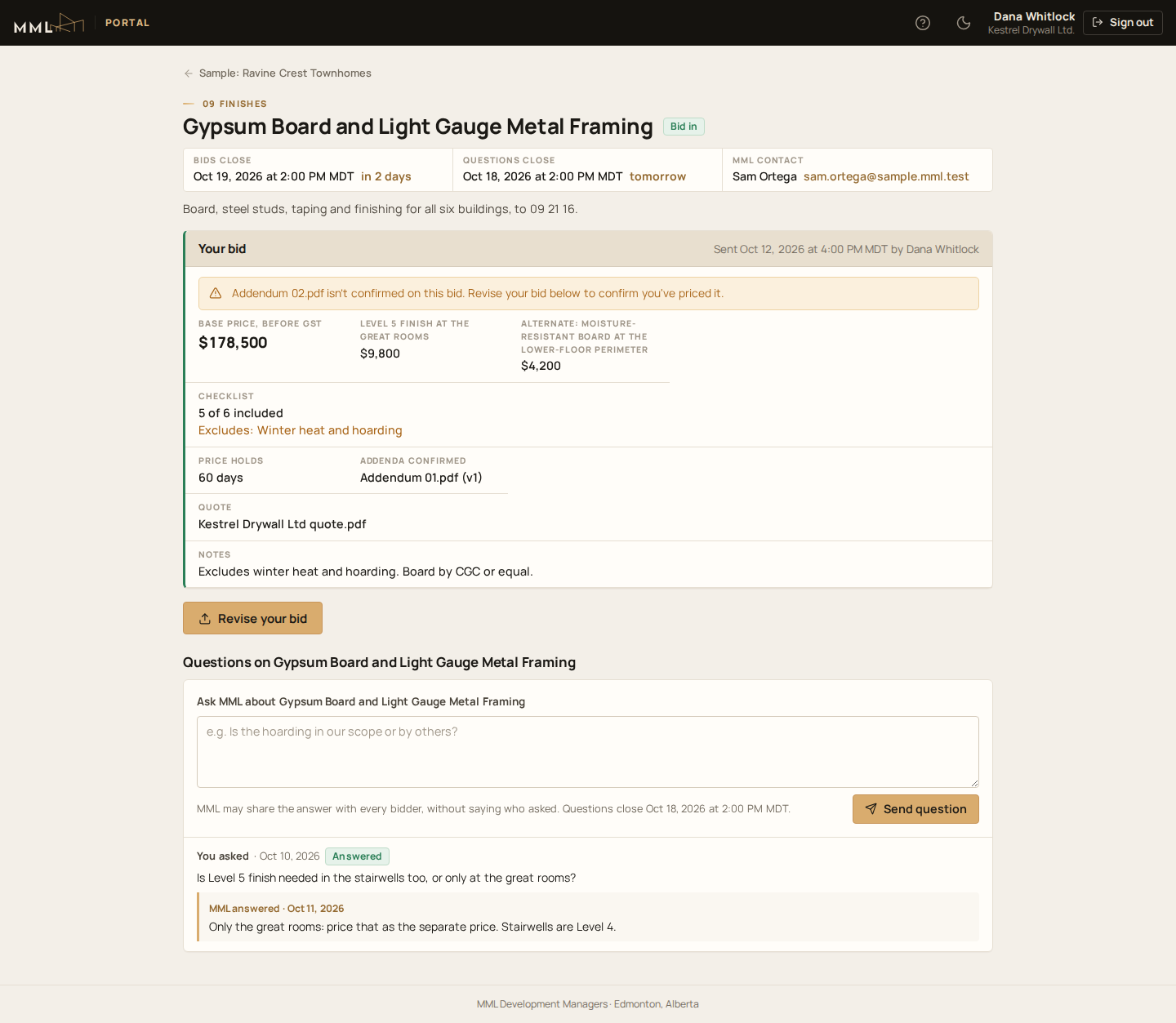 A scope's page, with the bid sent